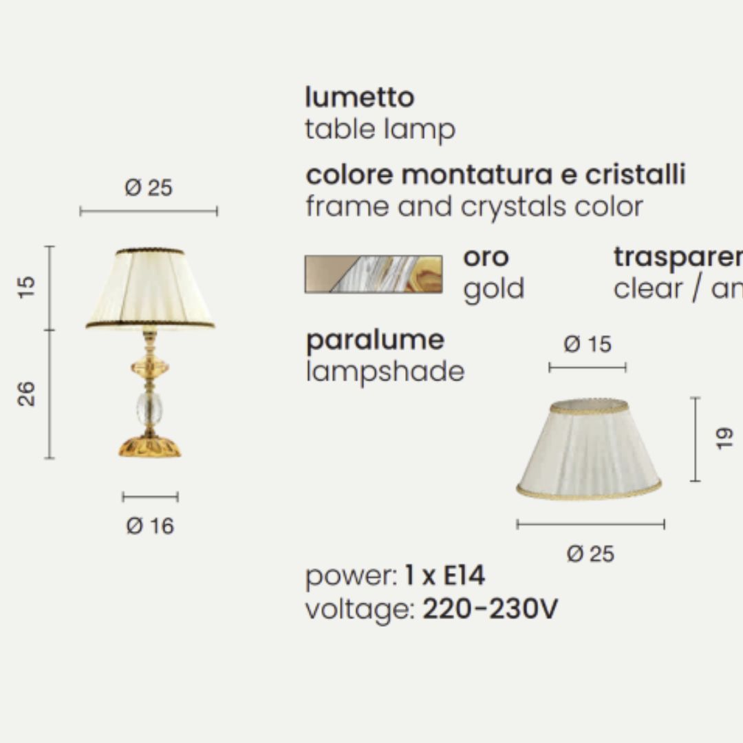 Lume piccolo in cristallo ambra e trasparente parti metalliche oro art PATRICIA/LP