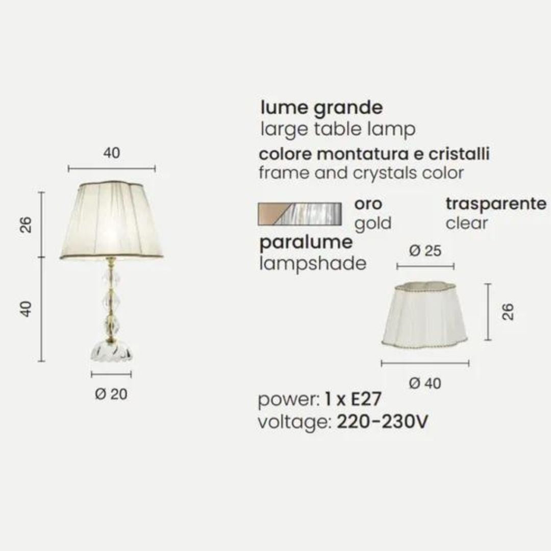 Lume in cristallo con paralume in tessuto parti metalliche oro art BRIGIDA/LG