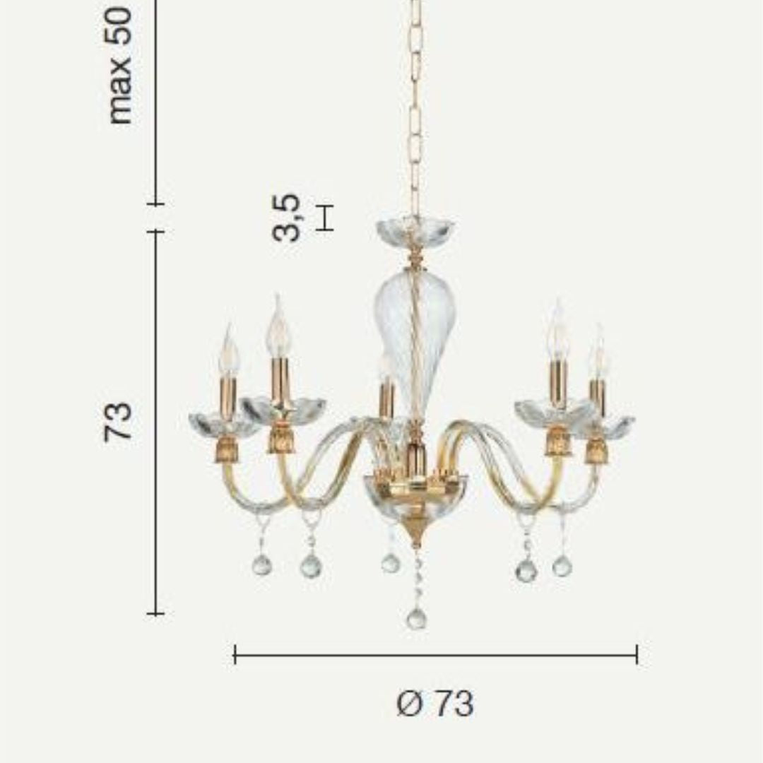 Lampadario 5 luci in vetro e cristallo parti metalliche in oro ROXANNE/S5