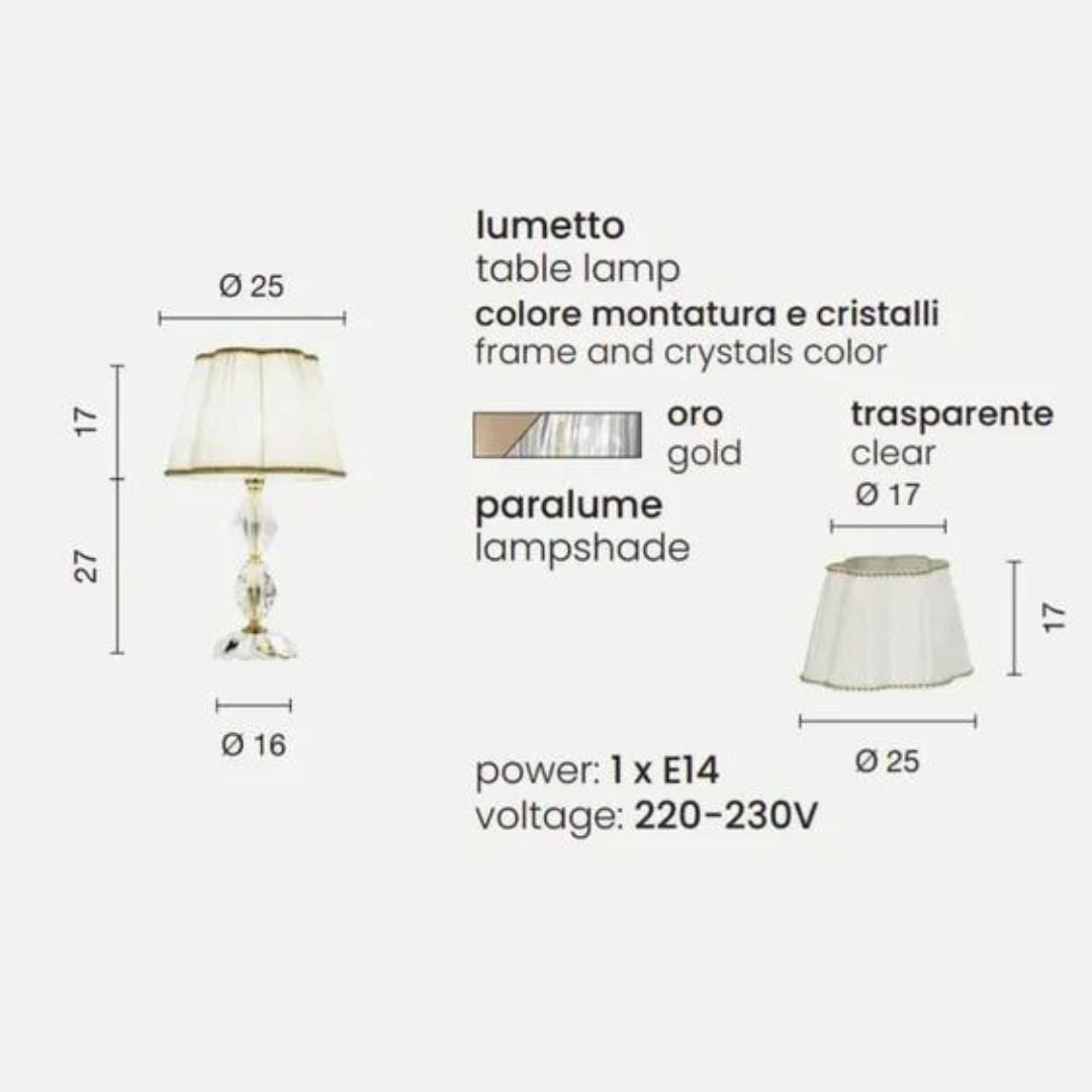 Lume in cristallo con paralume in tessuto e parti metalliche oro art BRIGIDA/LP