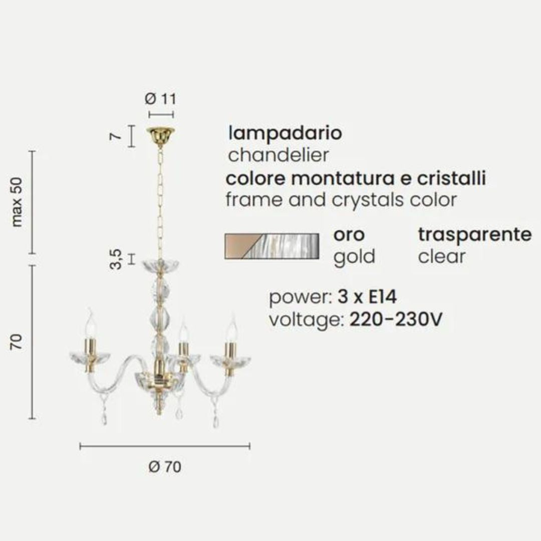 Lampadario 3 luci in cristallo trasparente e parti metalliche oro art BRIGIDA/3L
