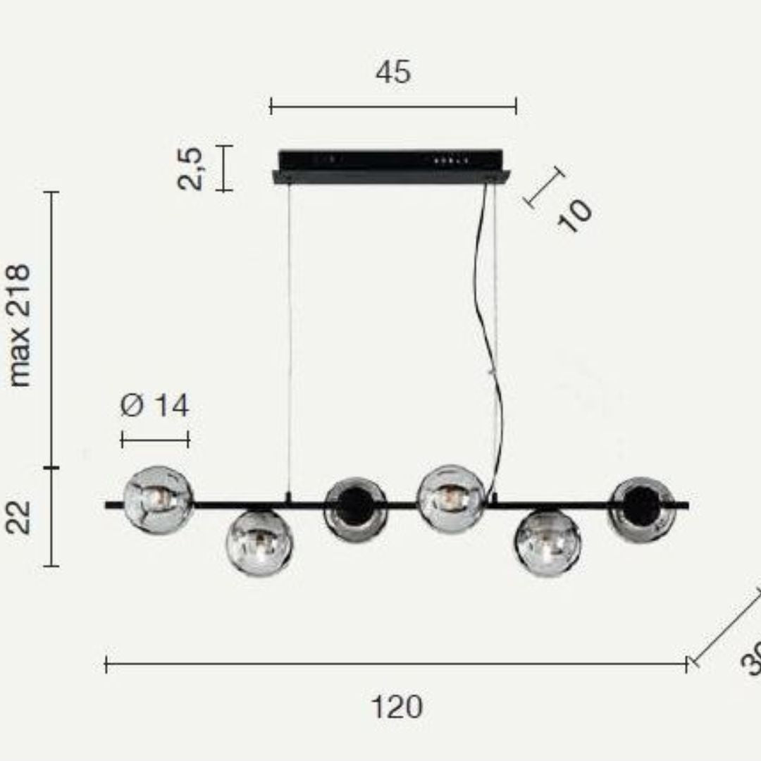 Sospensione lineare in metallo con 6 sferette in vetro art MONILE/S6