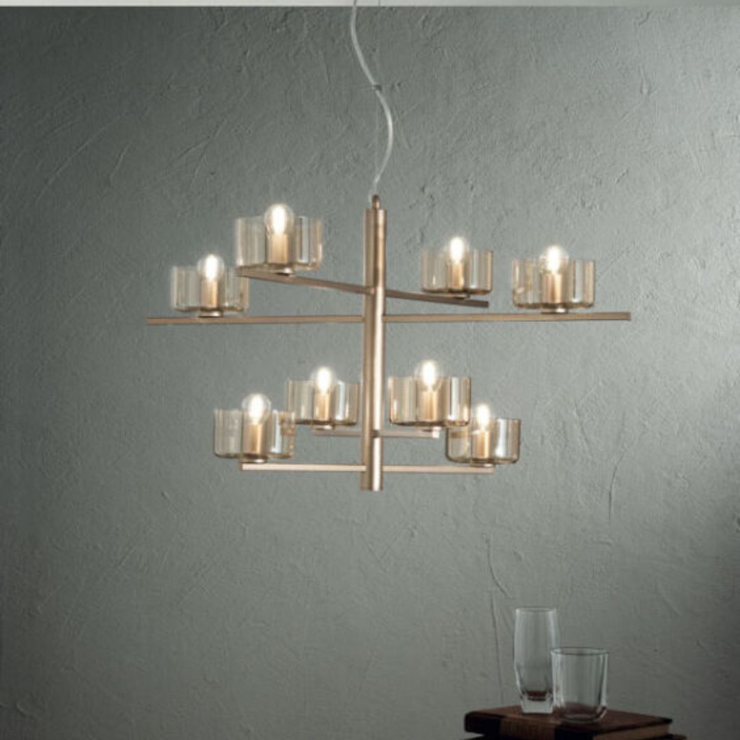 Sospensione 8 luci in metallo con diffusori in vetro art FIGARO/S8