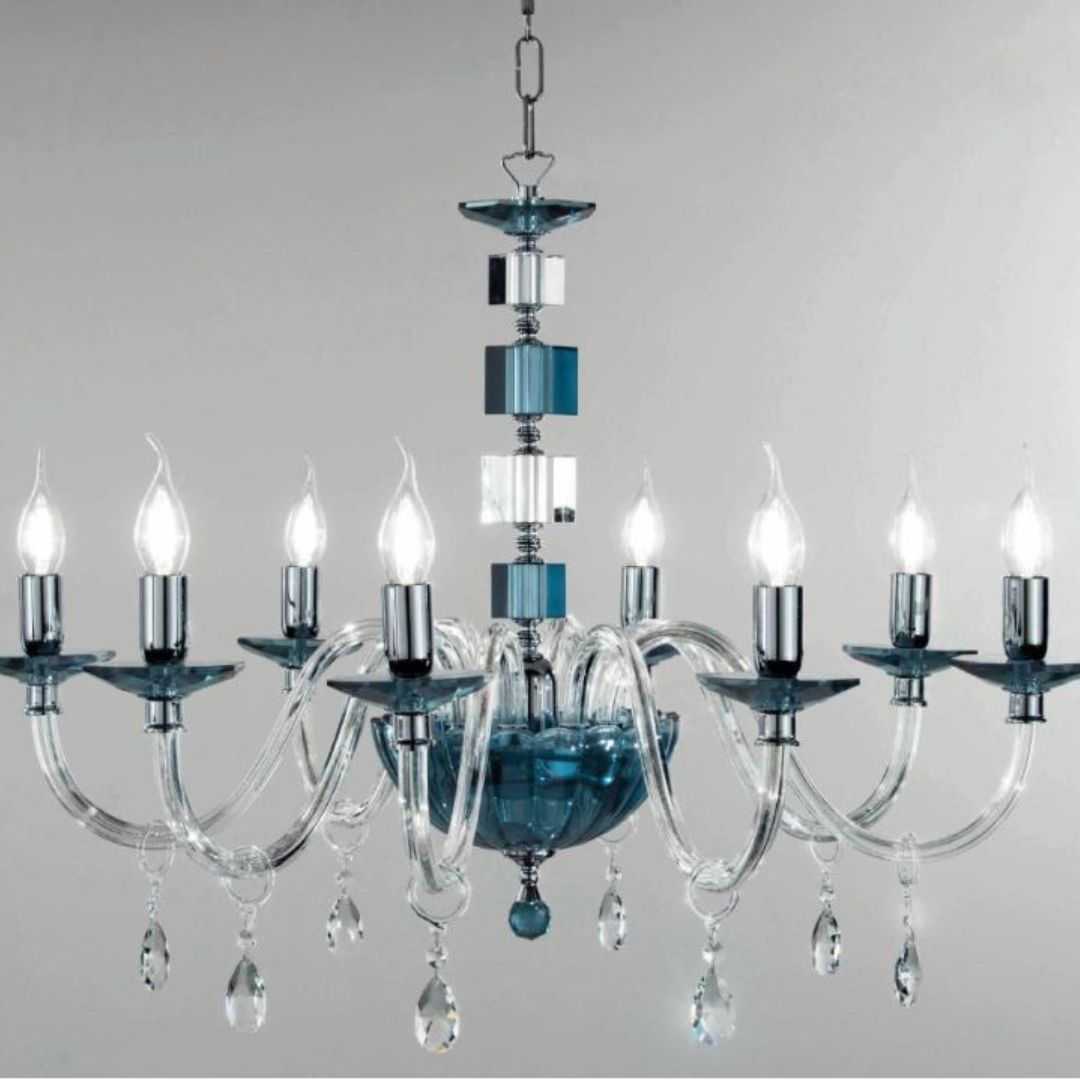 Lampadario in cristallo 8 luci in 4 colorazioni bianco, fumè, tortora e ottanio art. LIVIA/S8