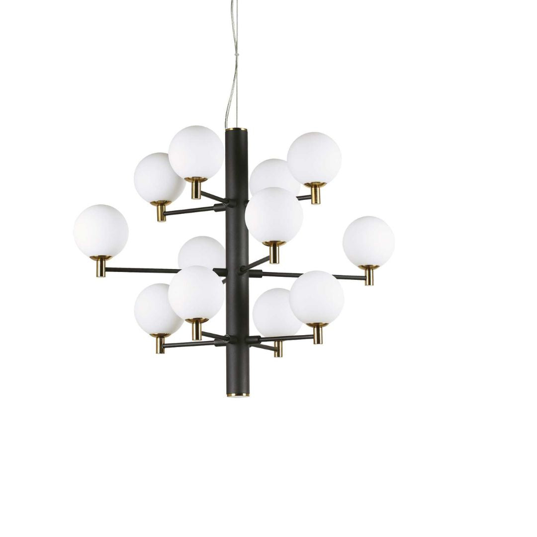 Sospensione in metallo con sfere in vetro bianco art COPERNICO