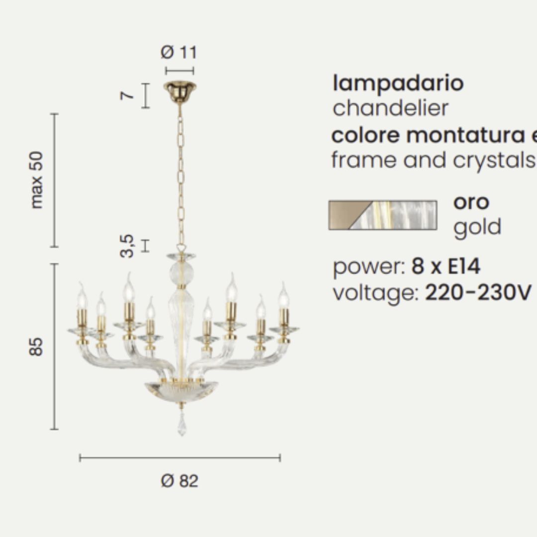 Lampadario 8 luci in vetro vari colori art VILLA/S8