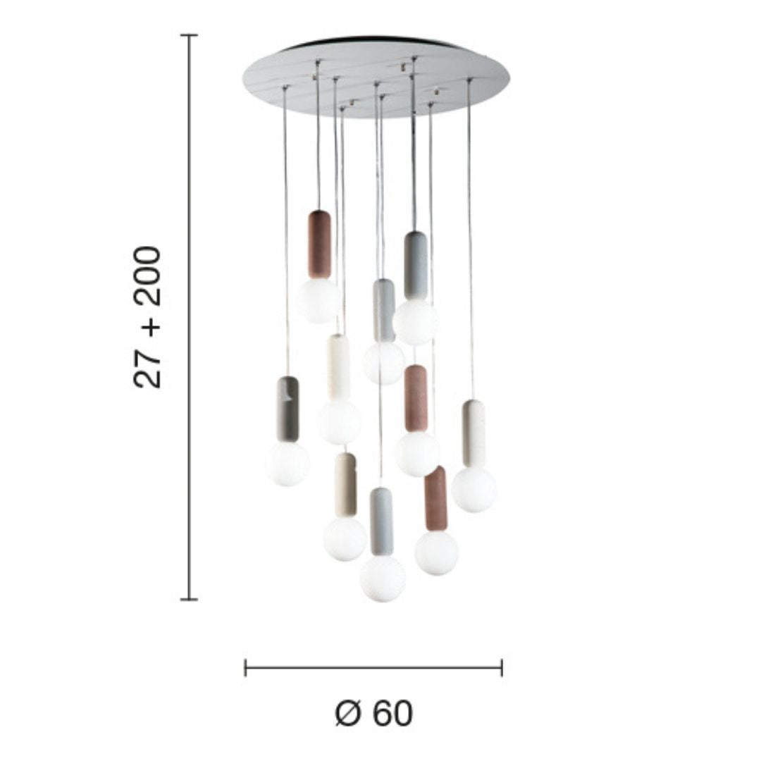 Sospensione su piastra tonda bianca 10 luci con pendenti in cemento e vetro art ROCK S10