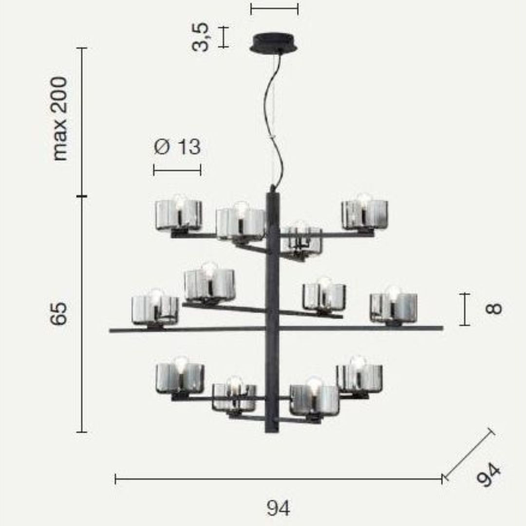 Sospensione in metallo 12 luci con diffusori in vetro FIGARO/S12