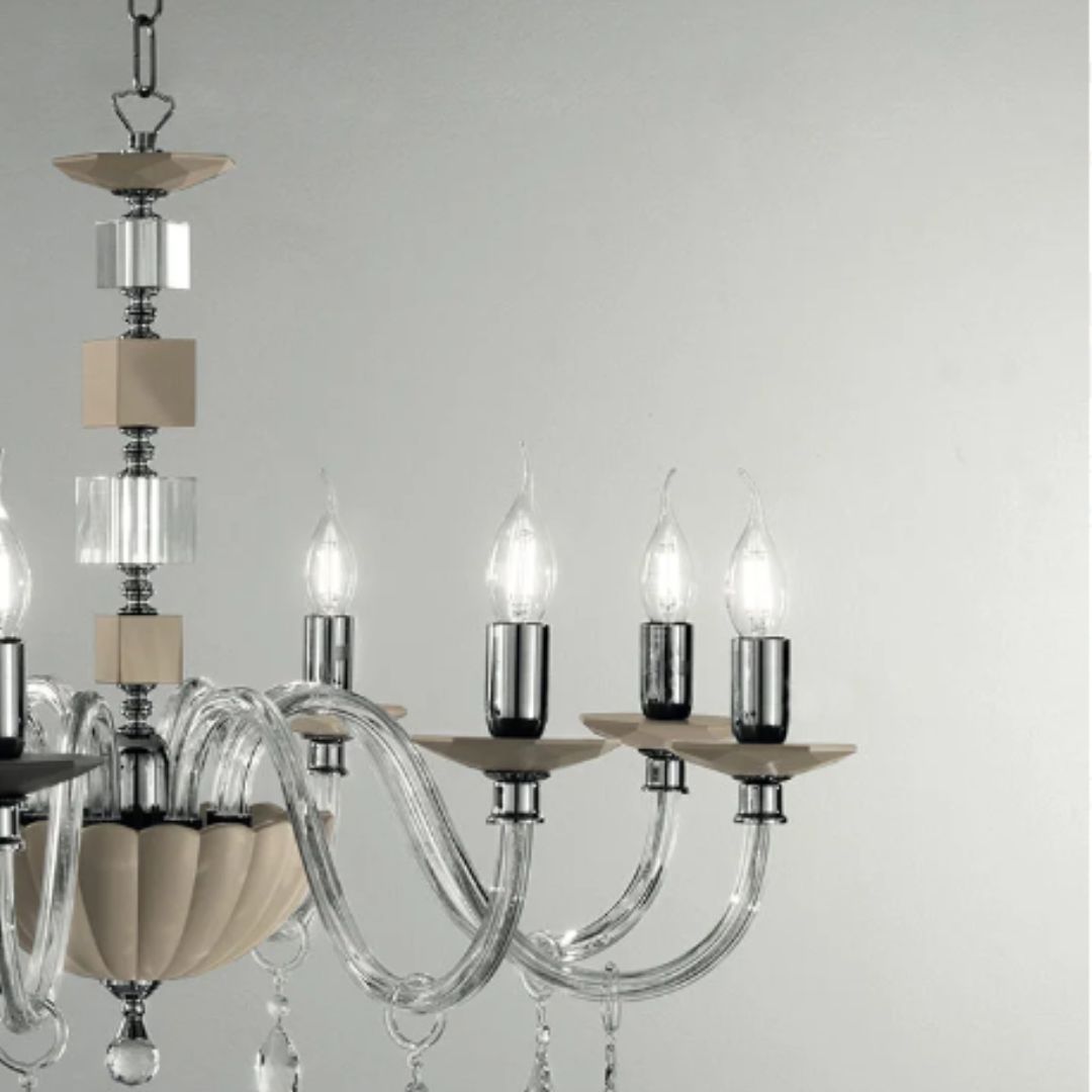 Lampadario in cristallo 12 luci in 4 colorazioni bianco, fumè, tortora e ottanio art LIVIA/S12