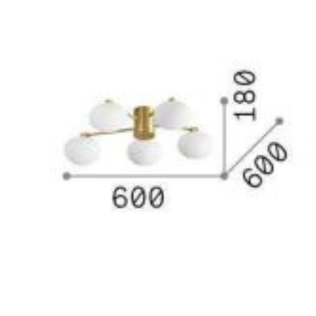 Plafoniera da Soffitto Hermes a 5 luci Ø60 cm - Metallo Placcato & Vetro Bianco Acidato, Bianco/Ottone Satinato