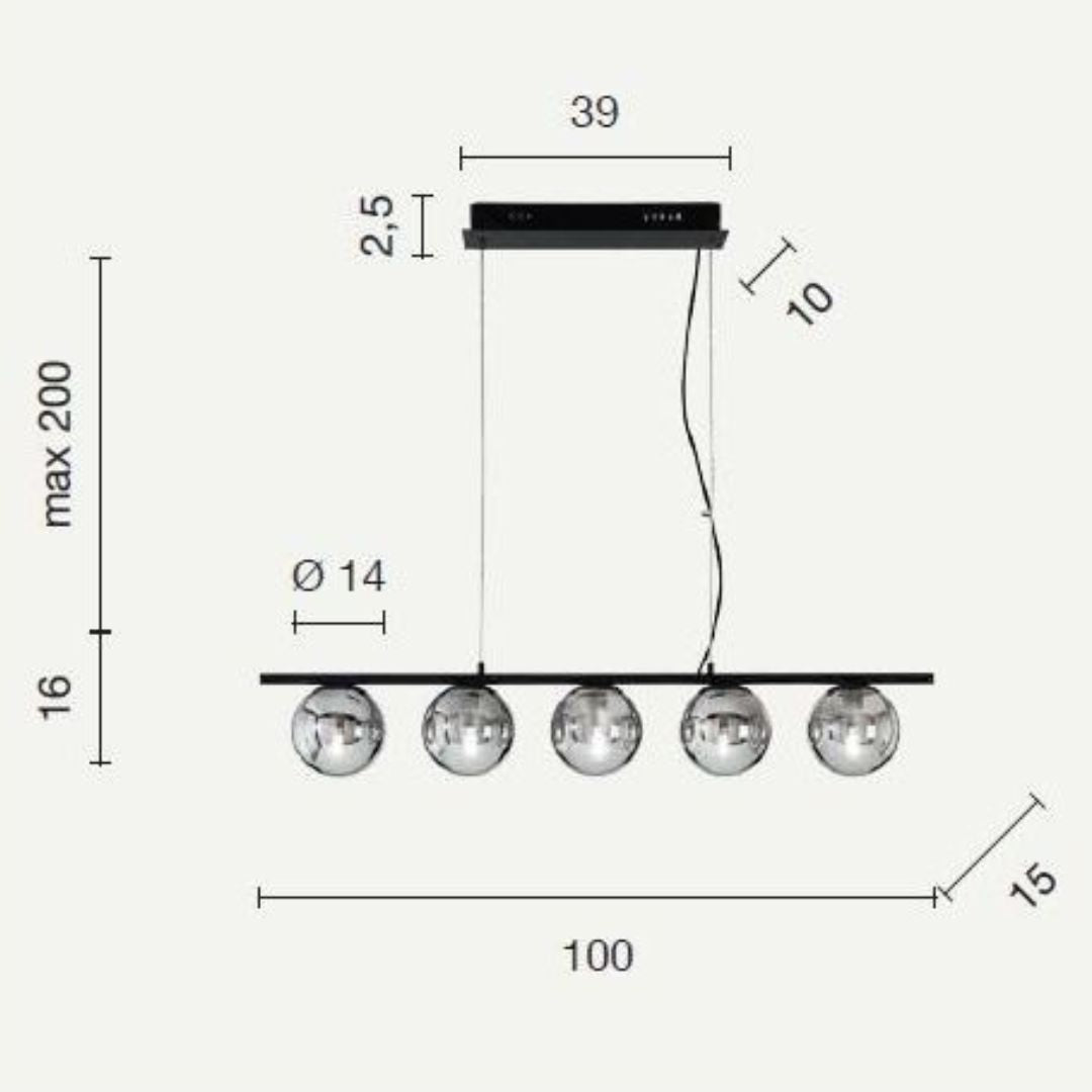Sospensione lineare in metallo con 5 sfere in vetro art MONILE/S5