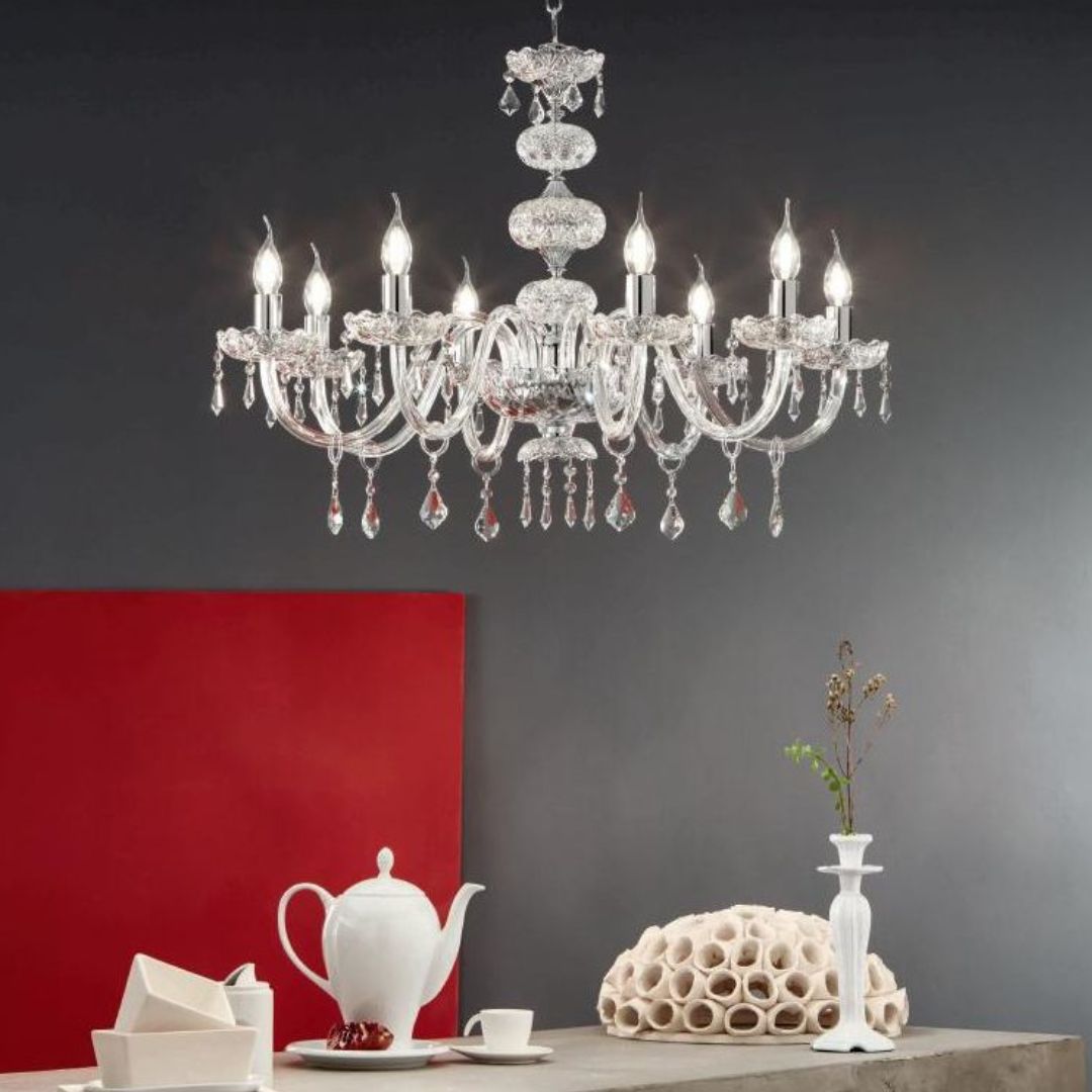 Lampadario 8 luci in cristallo trasparente con parti metalliche oro o cromo art DALLAS/S8