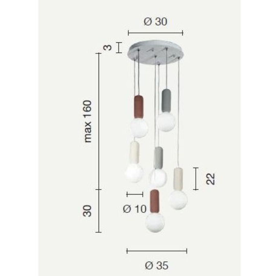 Sospensione su piastra tonda bianca 6 luci con pendenti in cemento e sfera in vetro bianco art ROCK S6