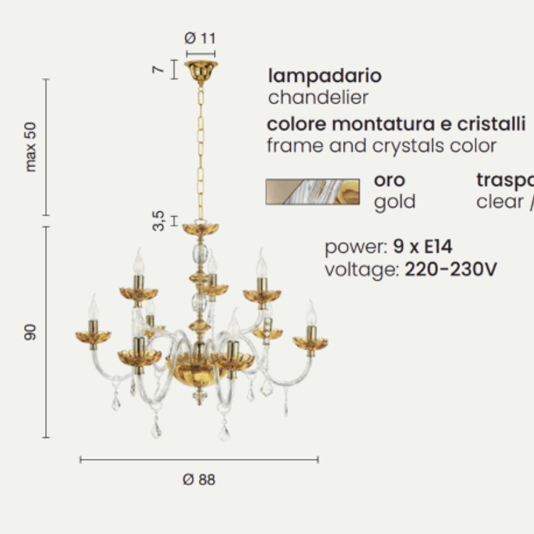 Lampadario 9 luci in cristallo trasparente e ambra parti metalliche oro art PATRICIA/S9