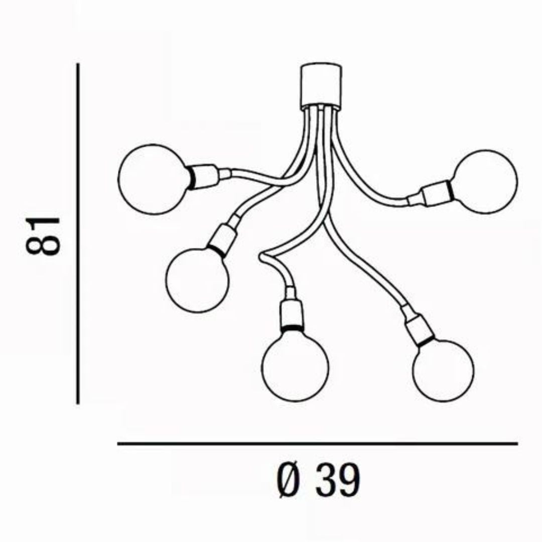 Plafoniera snodabile in gomma e metallo 5 luci E27 bianco o nero art BULBO 6680