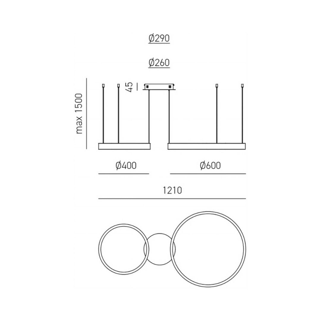 Sospensione 2 anelli led in alluminio Ø40 + Ø60 / 3 colori (bianco sat - nero sat - oro spazzolato) art CRISEIDE S/2D