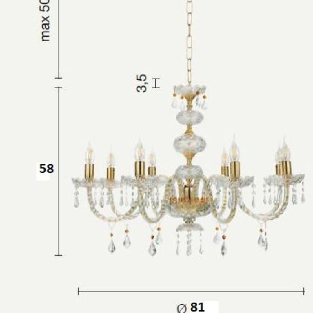 Lampadario 8 luci in cristallo trasparente con parti metalliche oro o cromo art DALLAS/S8