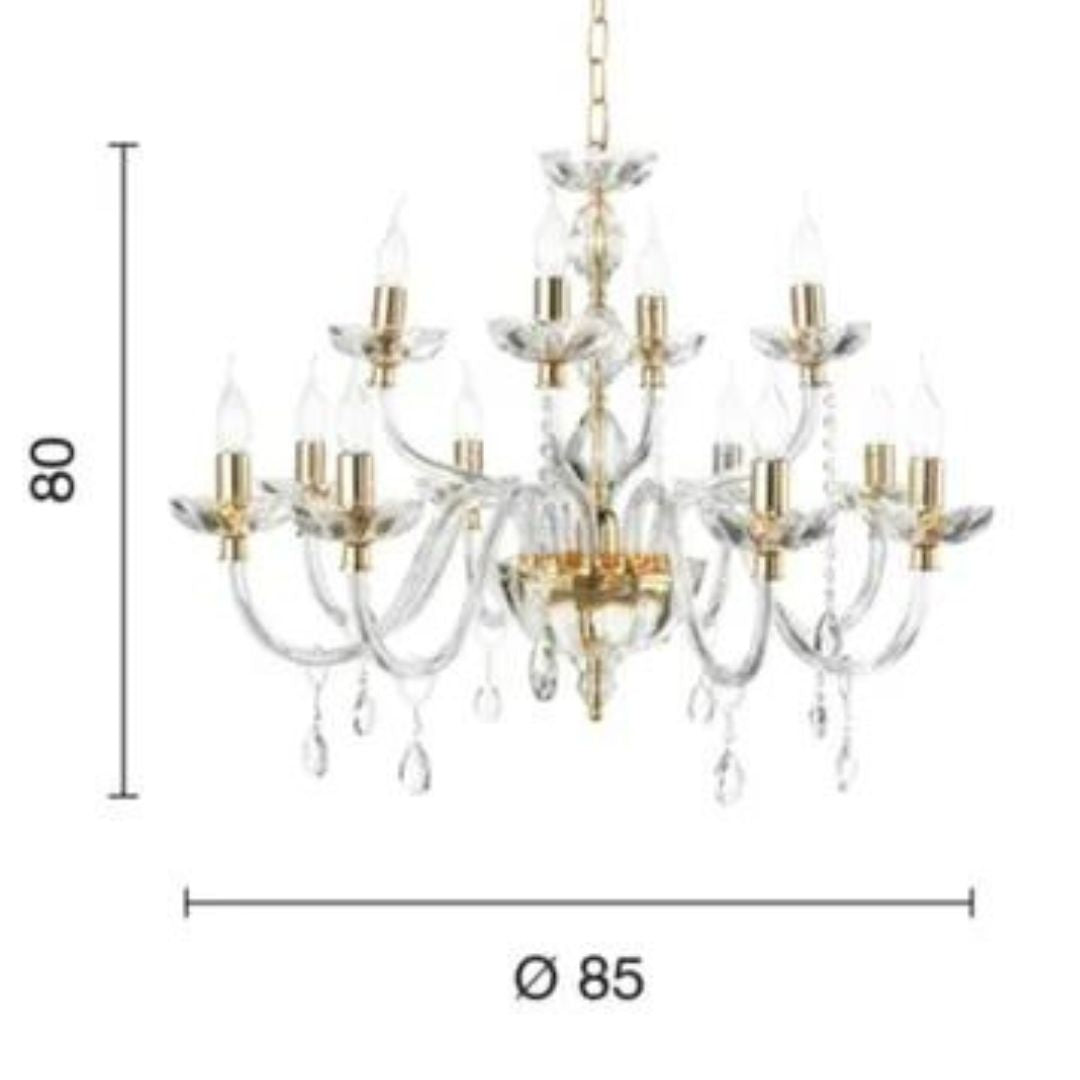 Lampadario 12 luci in cristallo trasparente con parti metalliche oro BRIGIDA/12L (8+4)