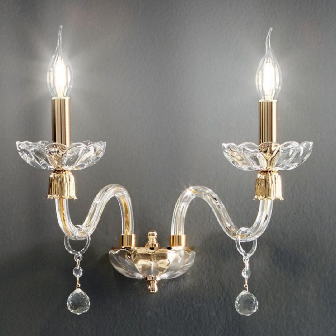 Applique una e due luci in vetro e cristallo, parti metalliche oro art ROXANNE AP1-AP2