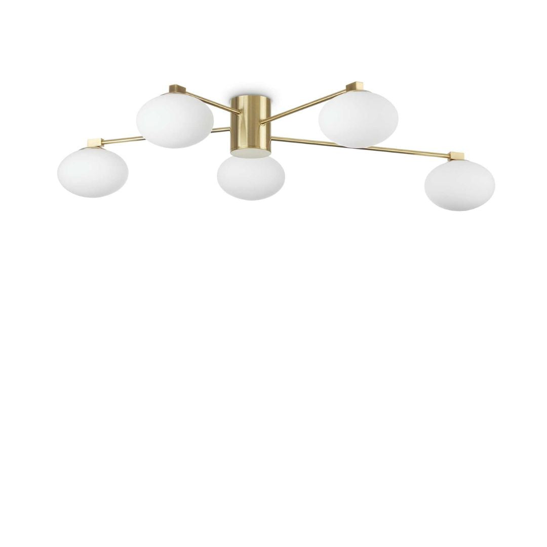 Plafoniera da Soffitto Hermes a 5 luci Ø90 cm - Metallo Placcato & Vetro Bianco Acidato, Bianco/Ottone Satinato