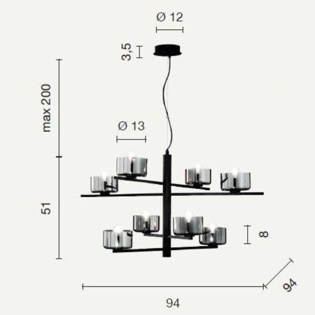 Sospensione 8 luci in metallo con diffusori in vetro art FIGARO/S8