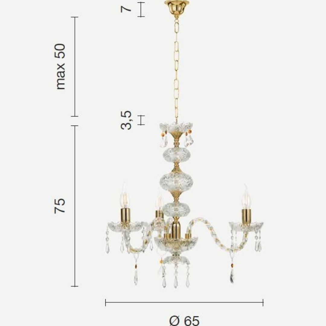 Lampadario in cristallo trasparente 3 luci con parti metalliche oro o cromo art DALLAS/S3