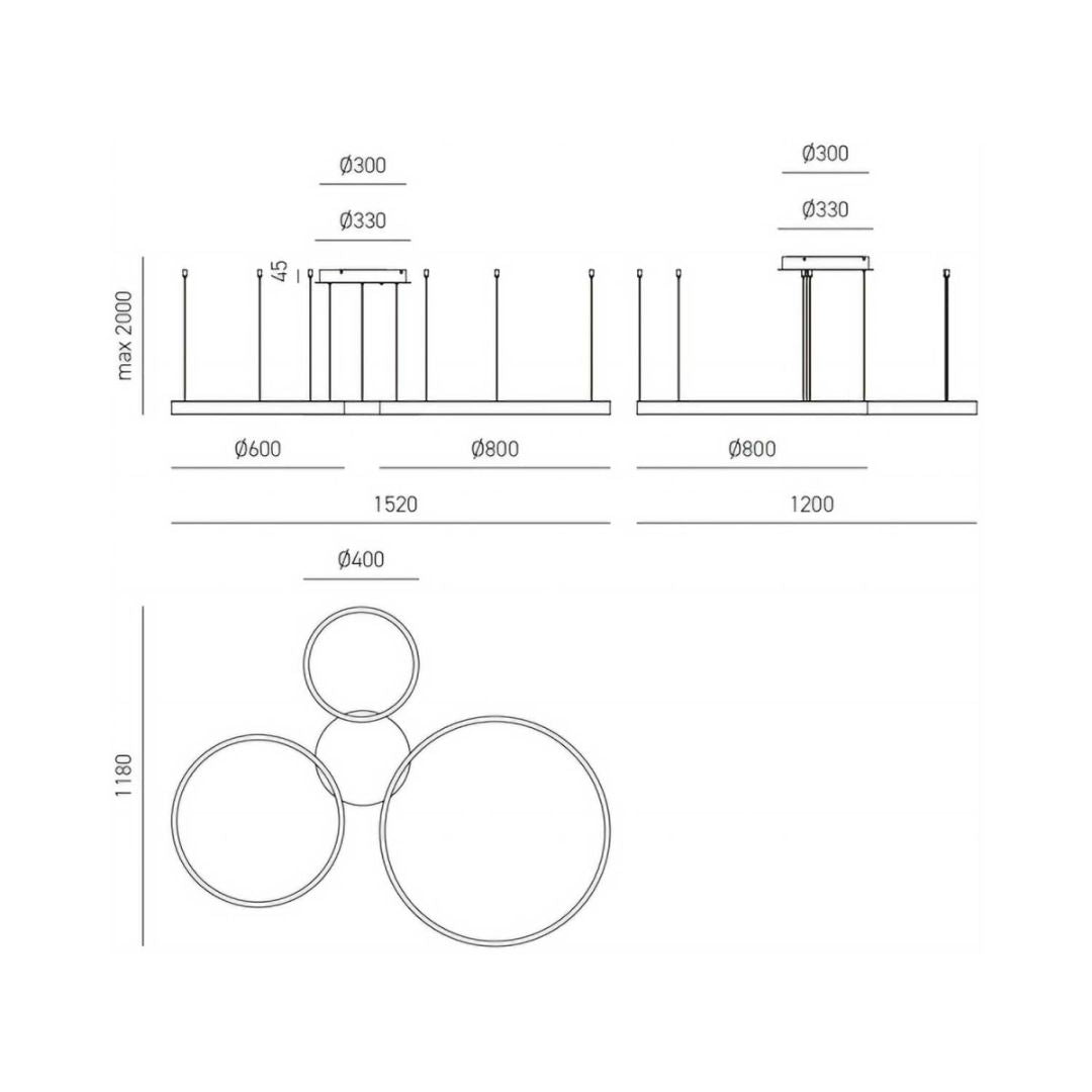 Sospensione 3 anelli led in alluminio Ø40 + Ø60 + Ø80cm / 3 colori (bianco sat - nero sat - oro spazzolato) art CRISEIDE S/3D