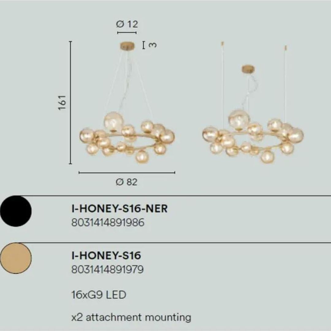Sospensione ad anello Ø82cm in metallo con 16 luci G9 sfere in vetro 2 colori art HONE-S16cm