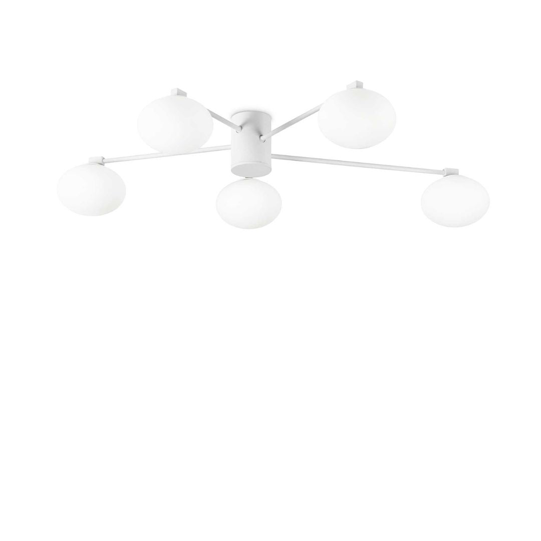 Plafoniera da Soffitto Hermes a 5 luci Ø90 cm - Metallo Placcato & Vetro Bianco Acidato, Bianco/Ottone Satinato
