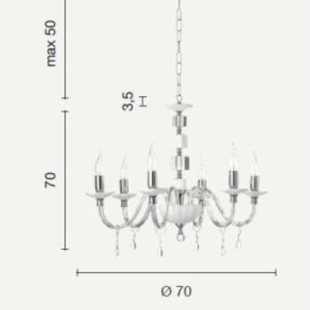 Lampadario in cristallo 6 luci in 4 colorazioni bianco, fumè, tortora e ottanio art LIVIA/S6