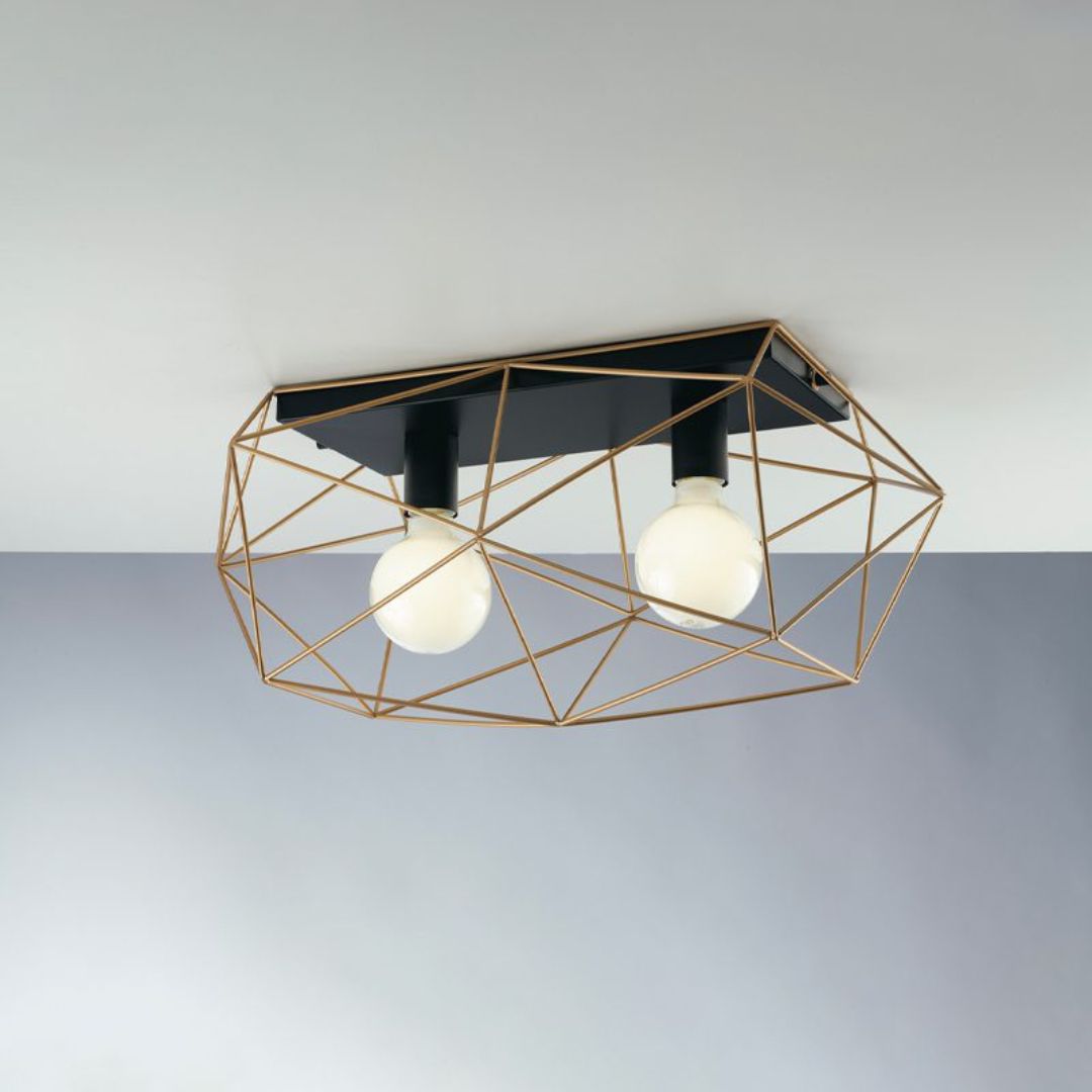 Plafoniera industrial in metallo 2 luci E27 colore bianco o nero/oro art ABRAXAS-PL2