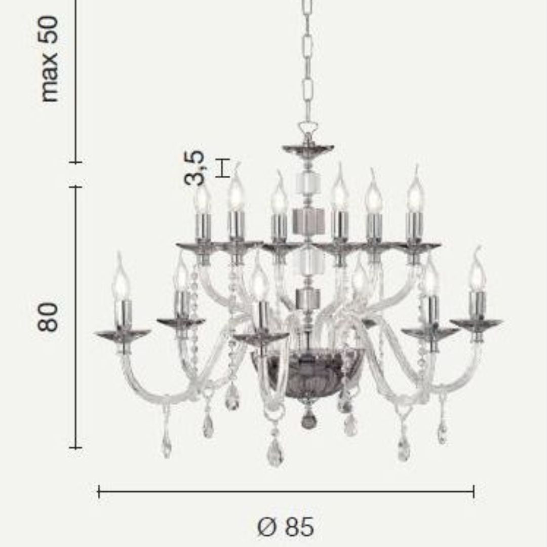 Lampadario in cristallo 12 luci in 4 colorazioni bianco, fumè, tortora e ottanio art LIVIA/S12