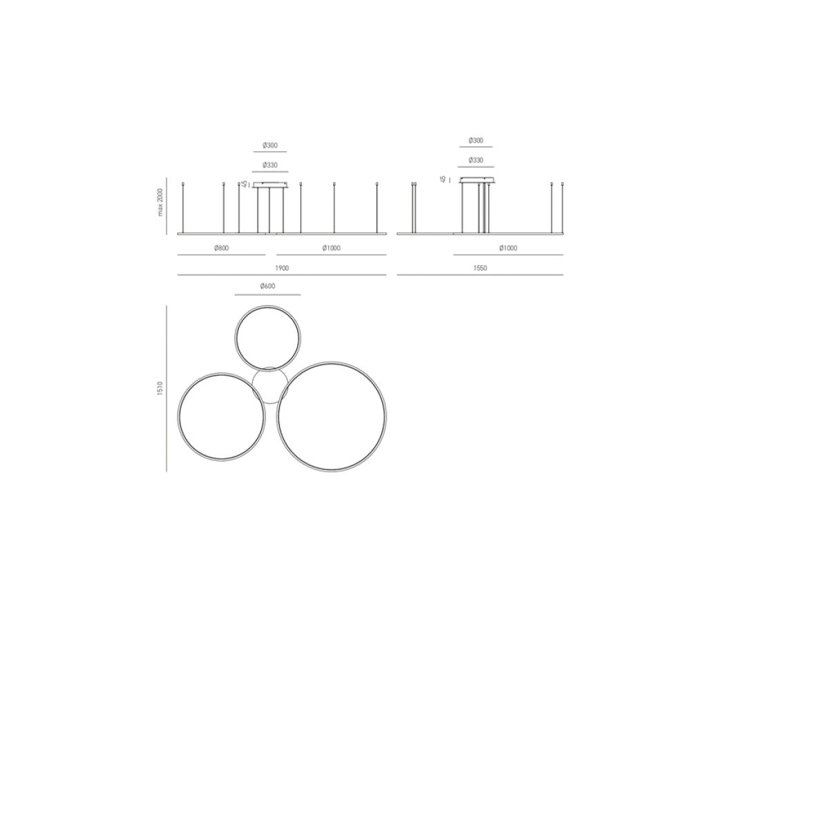 Sosp. moderna anello bianco led art ERIKA/S2D (Ø60+Ø80) ed art ERIKA/S3D (Ø60+Ø80+Ø100)