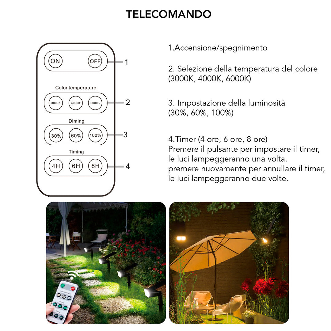 Lampada solare da esterno con picchietto e telecomando LED 15w cct