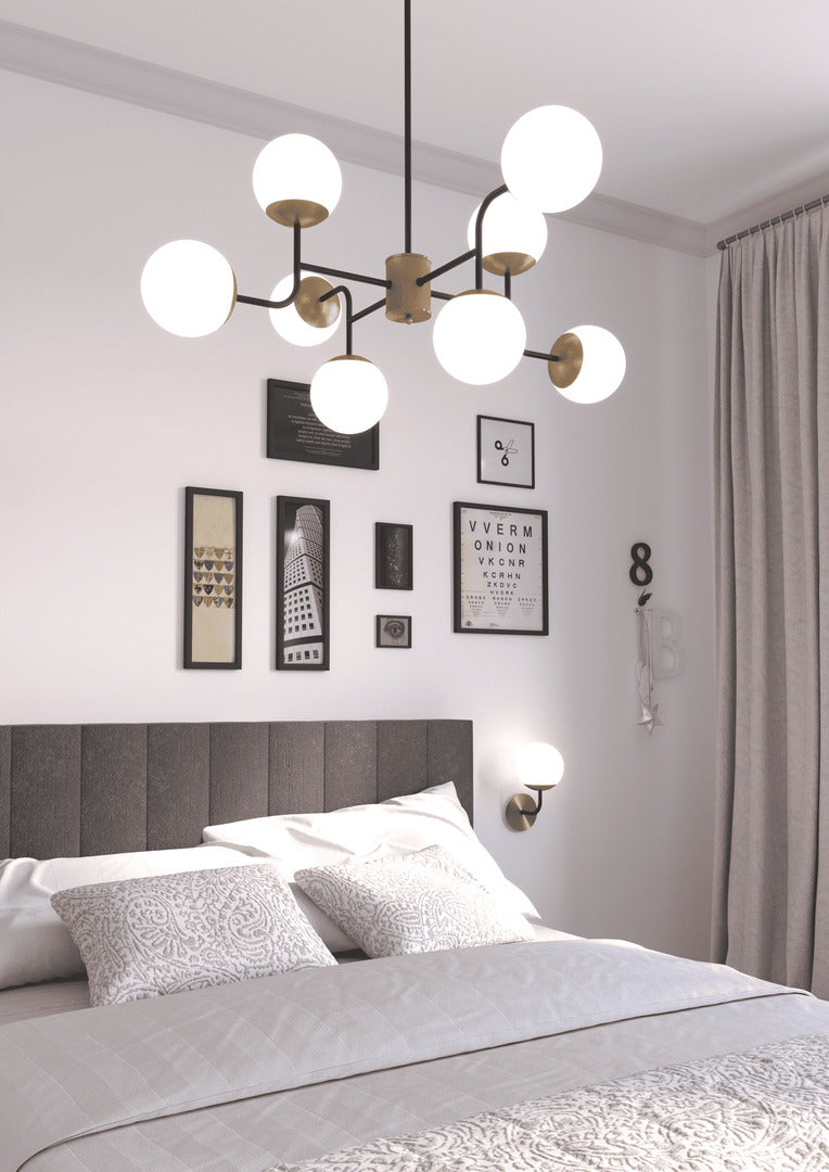 Lampada a sospensione moderna a 8 luci con sfere in vetro bianco e metallo nero e ottone art 1198/L8 Clear