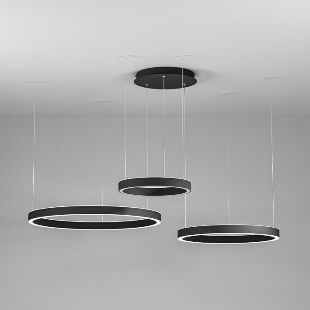Sospensione 3 anelli led in alluminio Ø40 + Ø60 + Ø80cm / 3 colori (bianco sat - nero sat - oro spazzolato) art CRISEIDE S/3D