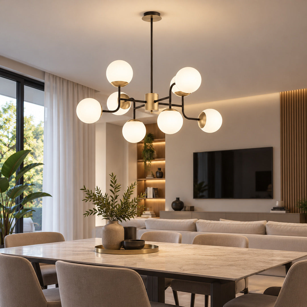 Lampada a sospensione moderna a 8 luci con sfere in vetro bianco e metallo nero e ottone art 1198/L8 Clear